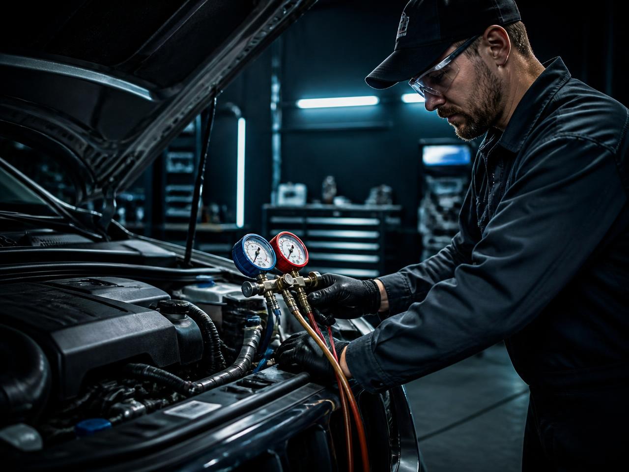 Technician connecting air conditioning service gauges to a vehicle