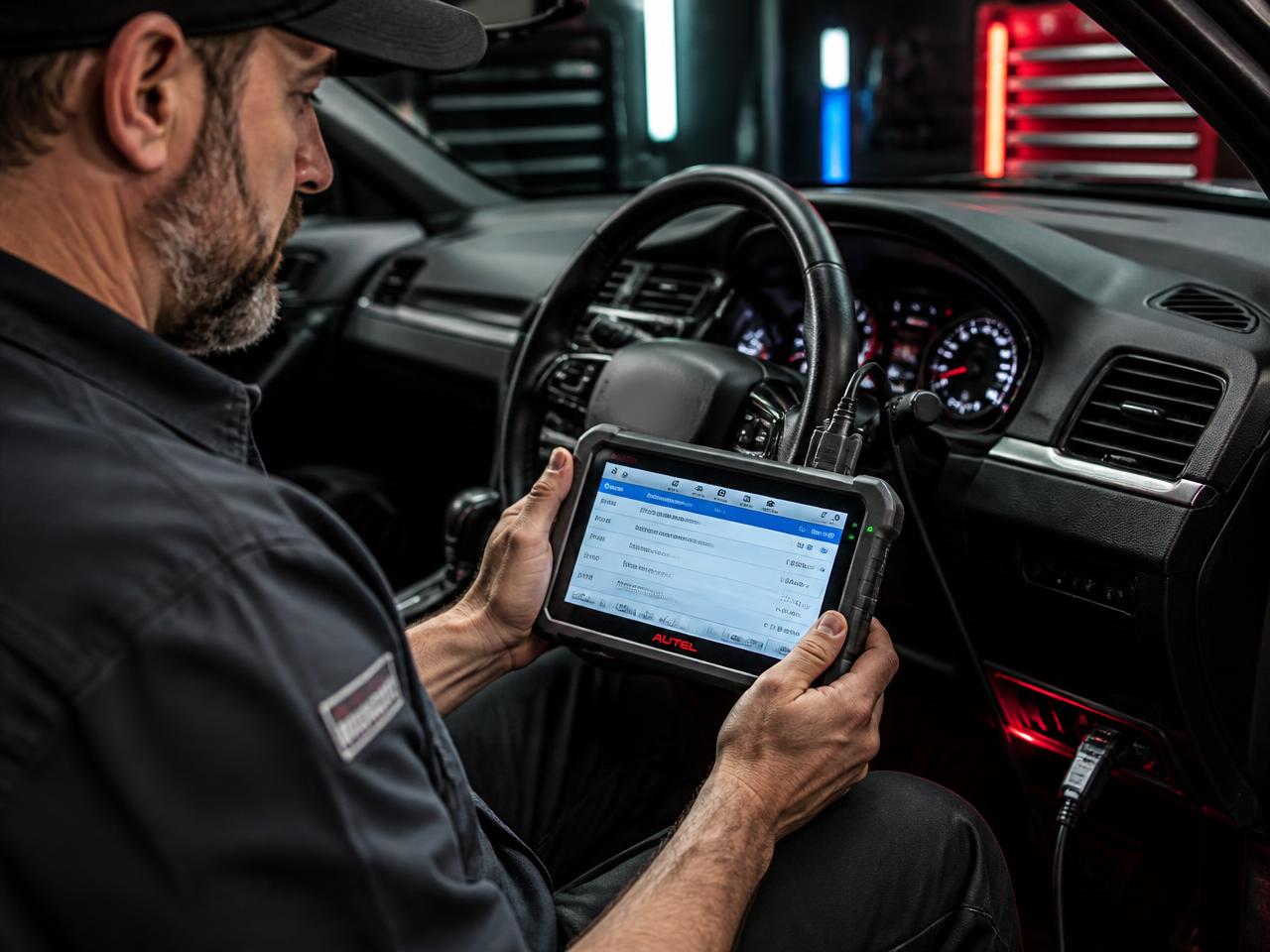 Technician reviewing live vehicle data on a diagnostic scanner