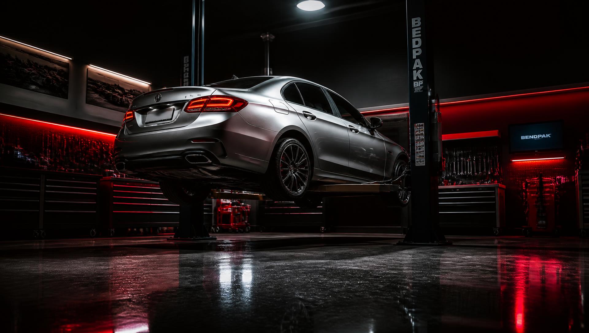 Luxury sedan raised on a lift inside a professional automotive workshop